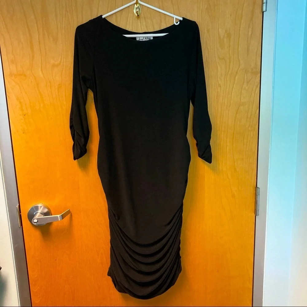 JOSEPH RIBKOFF Sz 10 Ruched Flattering Little Black Dress 3/4 Sleeves